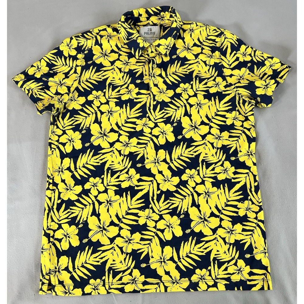 28 Palms Men's Large Polo Shirt‎ Navy Blue Yellow Floral Short Sleeve